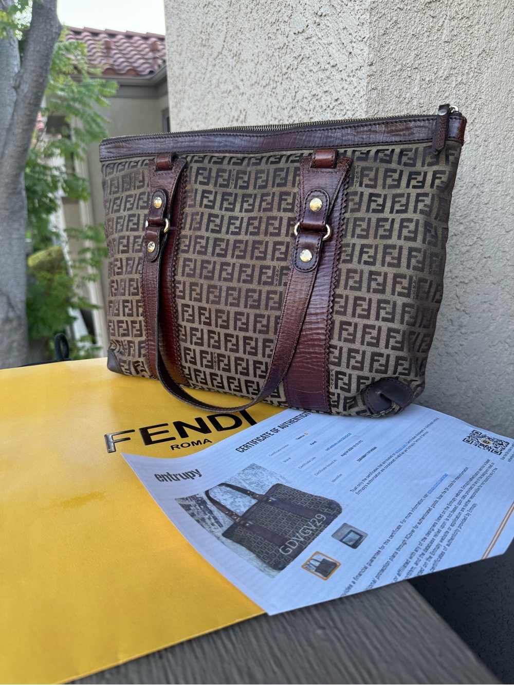 Fendi Brown Zucca Logo Canvas Shoulder Tote with Dark Brown Leather Trim